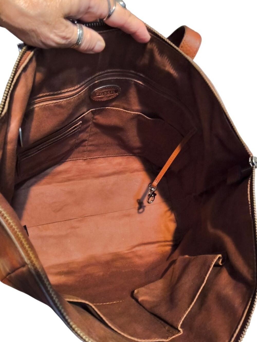 Fossil Sydney Shopper Tote Cognac Brown Leather Zip Top Carryall Pocket Organize - Picture 6 of 9